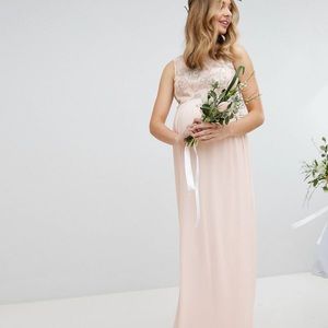 NWT - TFNC ASOS Maternity Maxi dress w floral soft sequin top.US 8, Nude/blush